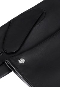 Black leather gloves with a smooth texture, featuring a silver logo accent and a fitted design with an extended cuff for warmth.