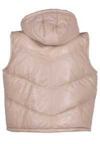 Beige leren vest met capuchon, voorzien van een doorgestikt ontwerp en een chevronpatroon op de achterkant. Gladde textuur zonder extra hardware.