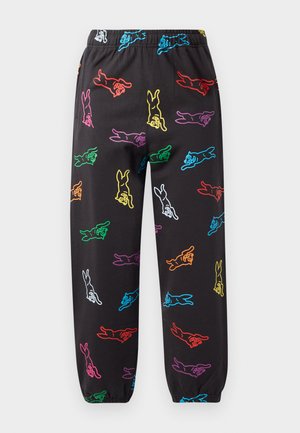 Black elastic-waist pants with colorful outlined dog figures in blue, red, pink, yellow, green, purple, and white scattered across the fabric.