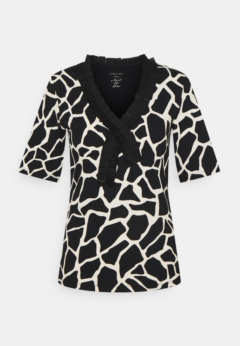 Korte mouwen zwart en crèmekleurig top met een giraffeprint, V-halslijn met ruches, en een fitted silhouet.