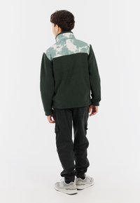 Fleece jack in donkergroen met een lichtgroene, wolkenpatroon bovenstuk. Beschikt over een hoge kraag en is gecombineerd met zwarte cargobroeken.