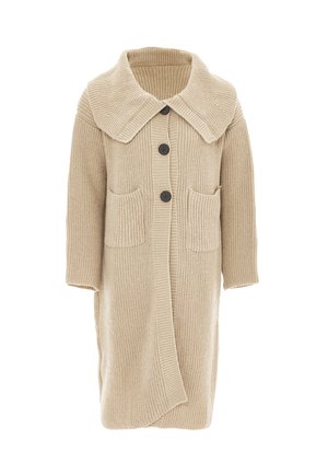 Cappotto lavorato a maglia beige con un ampio colletto, chiusura anteriore con bottoni, due tasche a toppa e texture a coste; lunghezza al ginocchio con maniche lunghe.