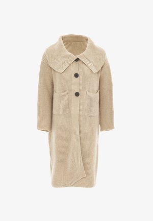 Beige knitted coat with a large collar, front button closure, two patch pockets, and ribbed texture; knee-length with long sleeves.