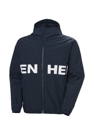 Granatowa kurtka z kapturem, z przednim zamkiem błyskawicznym i częściowym białym napisem "EN HE" na piersi, z elastycznymi mankietami i dolnym ściągaczem.