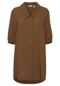 Chemise marron à boutons, avec un col pointu, des manches courtes bouffantes et une coupe décontractée. Fabriquée en tissu léger avec une texture douce.