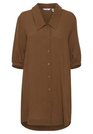 Chemise marron à boutons, avec un col pointu, des manches courtes bouffantes et une coupe décontractée. Fabriquée en tissu léger avec une texture douce.