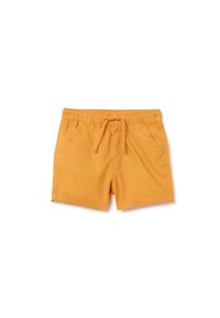 Shorts de algodón amarillos con cinturilla elástica, cordón ajustable y dos bolsillos laterales. Textura suave, longitud corta, diseño casual.
