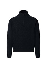 Maglione nero lavorato a maglia con colletto alto e chiusura zip a metà. Presenta un motivo a trecce e polsini e orlo a coste per una texture interessante.
