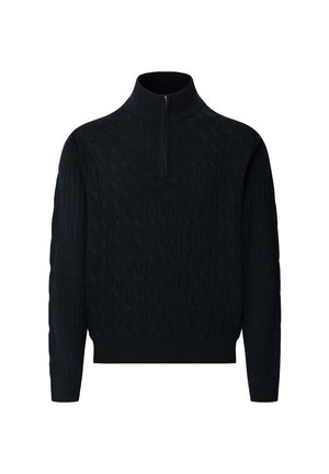 Suéter negro de lana con cuello alto y cierre de media cremallera. Presenta un patrón de trenzado en punto y puños y dobladillo acanalados para darle textura.