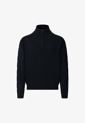 Maglione nero lavorato a maglia con colletto alto e chiusura zip a metà. Presenta un motivo a trecce e polsini e orlo a coste per una texture interessante.
