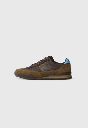Brown suede and leather sneaker with patterned laces, low profile sole, and blue heel tab featuring "PS Paul Smith" branding.
