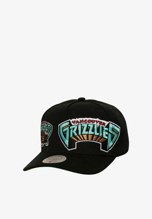 Black baseball cap with embroidered "Vancouver Grizzlies" logo. Features teal and red accents, with a curved visor and structured crown.