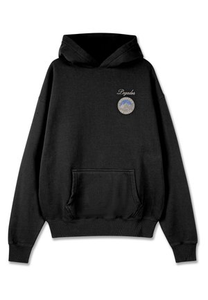 Black hooded sweatshirt with a front pocket, featuring a round patch on the chest with mountain imagery and text. Soft fabric, casual design.