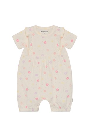 Hellcremefarbener Strampler mit kurzen Ärmeln, Blumenmuster in Rosa, Lila und Gelb. Rüschenverzierungen und Beinöffnungen mit Druckknopfverschluss.