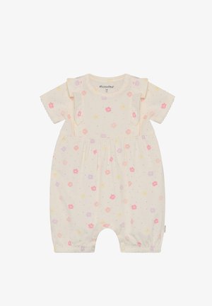 Hellcremefarbener Strampler mit kurzen Ärmeln, Blumenmuster in Rosa, Lila und Gelb. Rüschenverzierungen und Beinöffnungen mit Druckknopfverschluss.