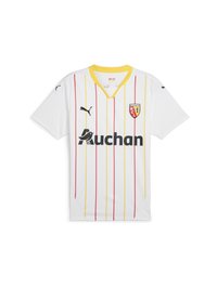 Camiseta de fútbol blanca con rayas verticales rojas y amarillas. Presenta un cuello en V amarillo, el logo de PUMA y "Auchan" en texto negro en negrita.