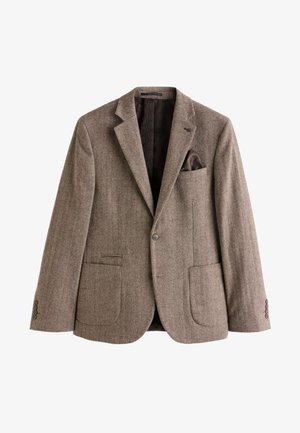 Brown herringbone blazer made of textured fabric, featuring a chest pocket with a handkerchief, two front pockets, and buttoned cuffs.