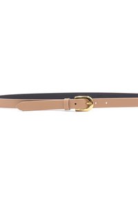 Beiger Leder Gürtel mit glatter Textur, ausgestattet mit einer goldenen Metallschnalle und verstellbaren Löchern zur Größenanpassung. Einfaches und funktionales Design.