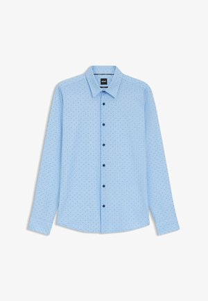 Light blue long-sleeve shirt with a button-down collar, featuring a small black dot pattern and black buttons along the front.