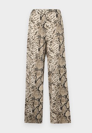 Wide-leg pants featuring a beige and black snakeskin pattern. The material is smooth with a lightweight texture. Elastic waistband.