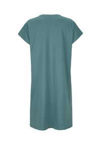 Kortärmad klänning i knälängd av teal bomullstyg. Enkel design med rund halsringning och en mjuk textur.