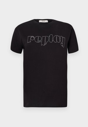 T-shirt di cotone nero con un grande logo "replay" ricamato in bianco sul petto, con un classico collo rotondo e maniche corte.