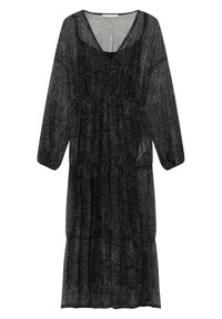 Robe noire transparente avec manches longues, décolleté en V, taille froncée et jupe à volants présentant un léger motif paisley. Texture légère et fluide.