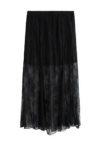 Gonna maxi nera in pizzo con vita elastica, sovrapposizione semi-trasparente, motivo floreale e orlo fluente.
