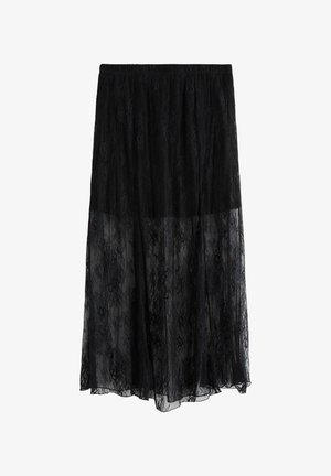 Musta pitsinen maksimekko, jossa on joustava vyötärö, puoliläpinäkyvä verhous, kukkakuosi ja liehuva helma.