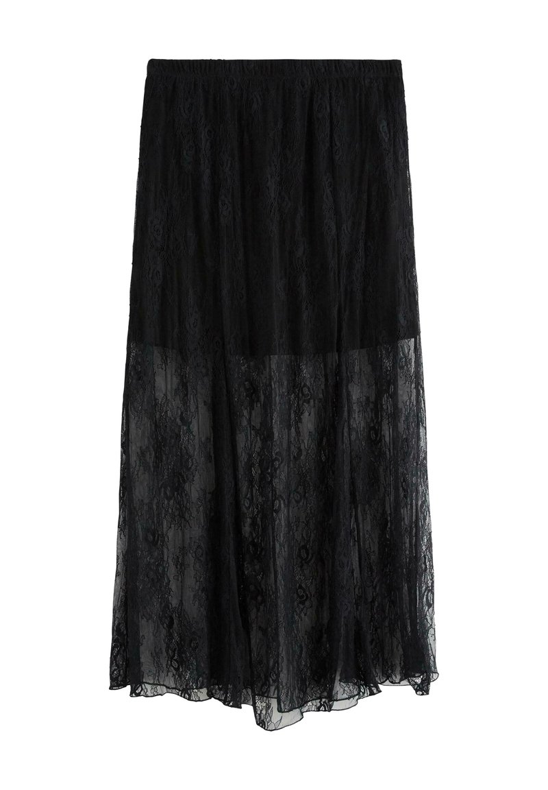 Gonna maxi nera in pizzo con vita elastica, sovrapposizione semi-trasparente, motivo floreale e orlo fluente.