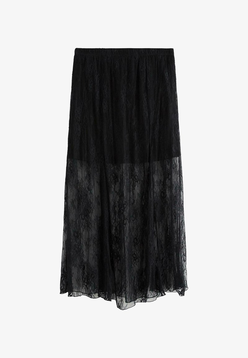 Gonna maxi nera in pizzo con vita elastica, sovrapposizione semi-trasparente, motivo floreale e orlo fluente.