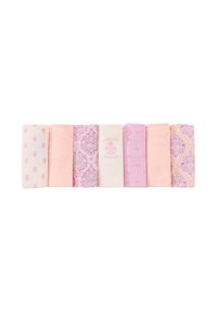 Set of six hair accessories in varying shades of pink, featuring floral patterns, solid colors, and text on one piece. Soft fabric texture.