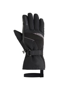 Zwarte winterhandschoen met een gestructureerde grip, verstelbare polsband, versterkte vingers en contrasterende grijze accenten. Geschikt voor activiteiten in koud weer.