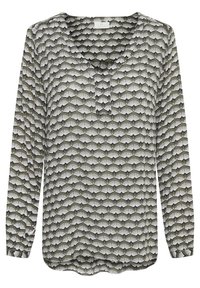 Langärmlige Bluse in olivgrün mit Fächer-Print in Weiß und Schwarz. Verfügt über einen V-Ausschnitt und einen leicht abgerundeten Saum. Weiche Stofftextur.