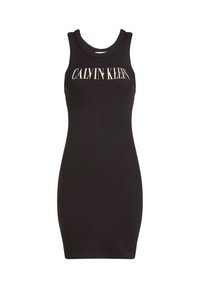 Schwarzes, geripptes Tankkleid mit figurbetontem Design, rundem Ausschnitt und auffälligem "Calvin Klein"-Logo in kontrastierender Farbe auf der Brust.