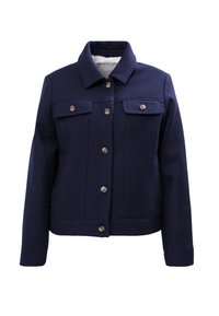 Giacca di lana blu navy con colletto, chiusura a bottoni, due tasche frontali e una finitura testurizzata. Presenta una fodera morbida di colore chiaro.