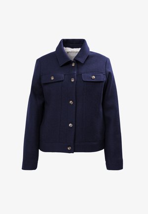 Giacca di lana blu navy con colletto, chiusura a bottoni, due tasche frontali e una finitura testurizzata. Presenta una fodera morbida di colore chiaro.