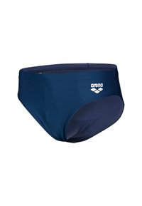 Slip da bagno blu navy realizzati in materiale liscio e elastico, caratterizzati da un logo sul lato e da un taglio classico con una vestibilità aderente.