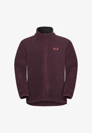 Bordeaux-fleece jassen met hoge kragen en volledige ritssluitingen. Bevatten het Jack Wolfskin-logo in het roze op de linkerborst. Draag ze over zwarte broeken.