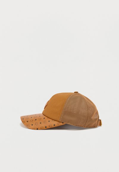 Καφέ καπέλο μπέιζμπολ από δίχτυ με συμπαγές μπροστινό μέρος και καμπυλωτό γείσο με μαύρα διαμάντια και σχήματα κορώνας.