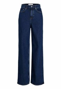 Mörkblå högmidjade jeans med vida ben, med standard femfickorsdesign och kontrasterande sömmar.