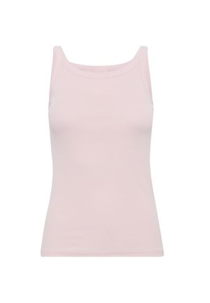 Lyserød tanktop laget av ribbet stoff. Har en rund halslinje, slanke stropper og en tettsittende design. Ingen mønstre eller detaljer.