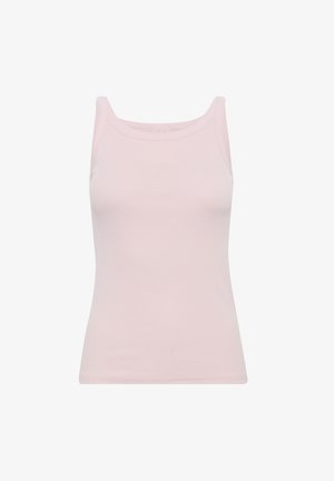Lichtroze tanktop van ribbelstof. Heeft een ronde halslijn, smalle bandjes en een slim fit ontwerp. Geen patronen of accenten.