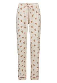 Roomkleurige pyjamabroek met peperkoekmannetje patroon, elastische tailleband, trekkoord en bordeauxrode accenten bij de boorden. Zachte, gladde stof.