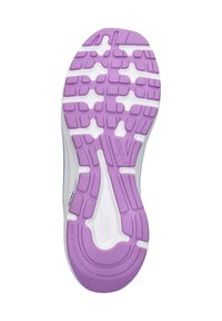 Skechers sneaker zool, met een multidirectioneel loopvlakpatroon in paarse en witte rubber, met zichtbare dempingselementen.