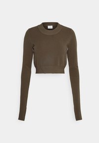 Pitkähihainen, lyhyt neulepusero oliivinvihreästä neuloskankaasta. Pyöreä pääntie, jossa resorointi helmassa ja hihojen suissa. Kokonaisuudessaan sileäpintainen.