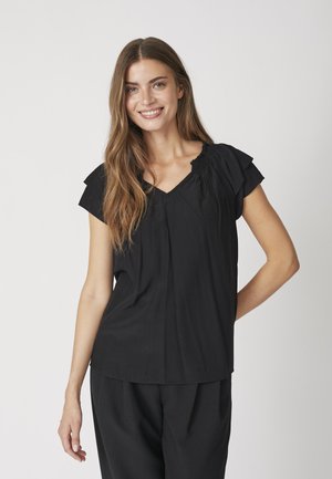 Black top with a V-neck and short flutter sleeves. Soft fabric with gathered detail at the neckline, featuring a loose, relaxed fit.