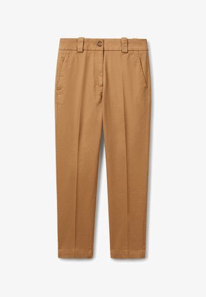 Men's straight-leg khaki pants with belt loops, button closure, and front pockets, displayed on a white background.