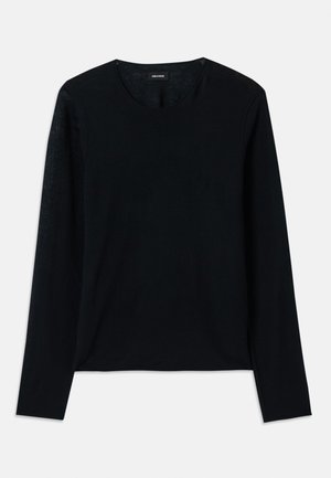 Black long-sleeve knit top with a crew neckline. Soft texture, relaxed fit, no visible patterns or accents.