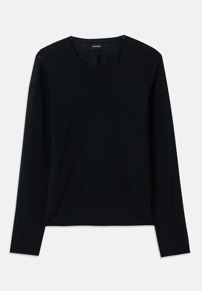 Black long-sleeve knit top with a crew neckline. Soft texture, relaxed fit, no visible patterns or accents.